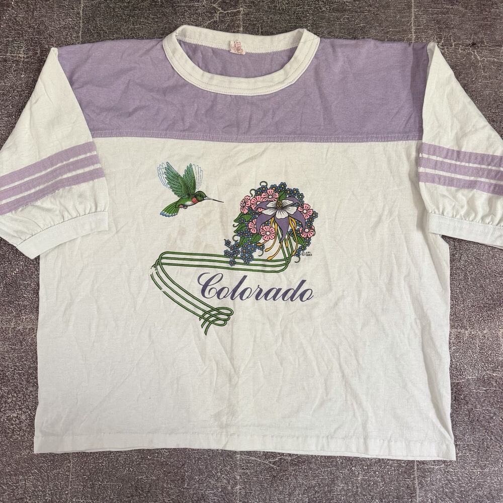 Womens Vintage 80s Alore Colorado Hummingbird Purple White Cropped T Shirt Sz XL